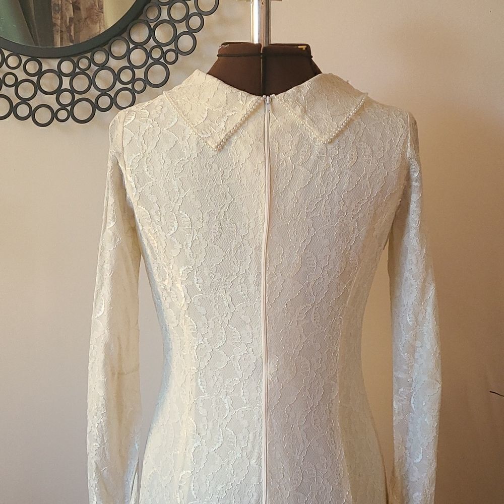 Vintage 60s 70s Ivory Lace Cowl Neck Gown Wedding S  - Picture 7 of 8